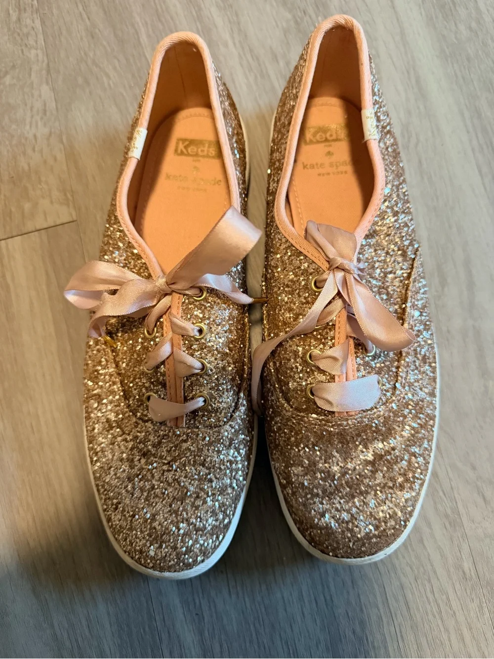 Kate Spade Glitter Ribbon Lace-Up Sneakers in Rose Gold